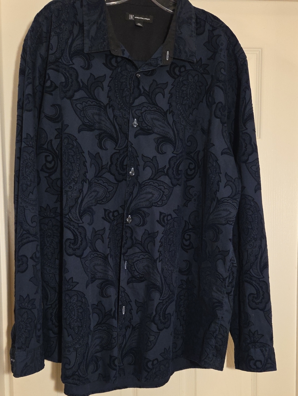 INC International Concepts Men's Navy Blue Cotton Blend Flocked Paisley Shirt - Picture 2 of 7